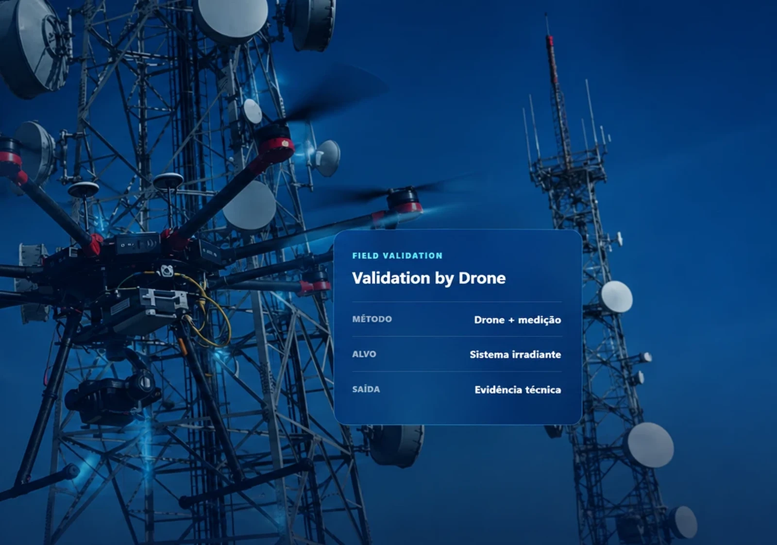 Drone realizando inspeção e medição em torre de telecomunicações