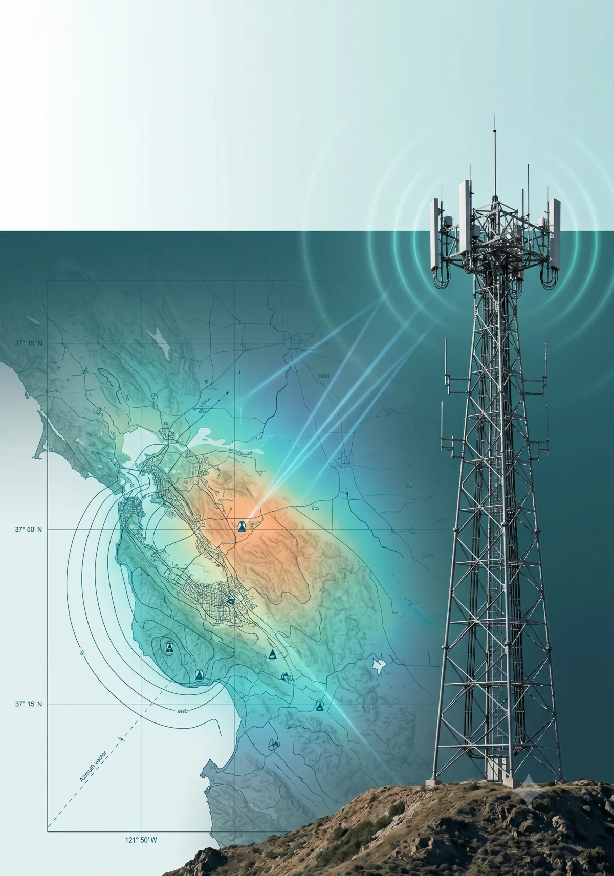 Composição visual de torre de telecomunicações e mapa de cobertura